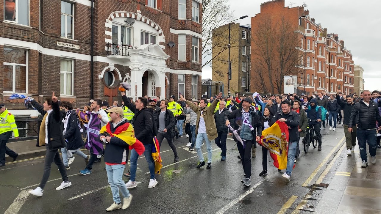 Real Madrid fans arriving at Stamford Bridge to watch the match with Chelsea