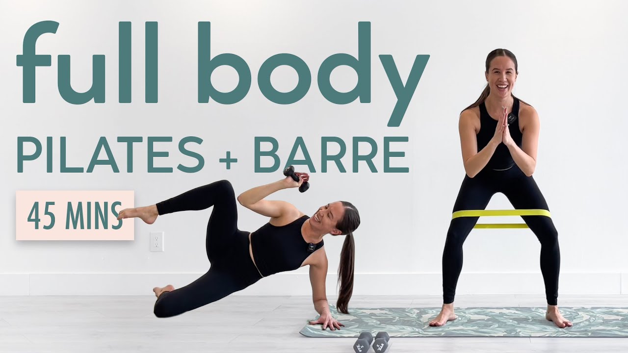 45 min PILATES + BARRE WORKOUT - Full Body Focus with Music - Booty Band + Weights - All Levels