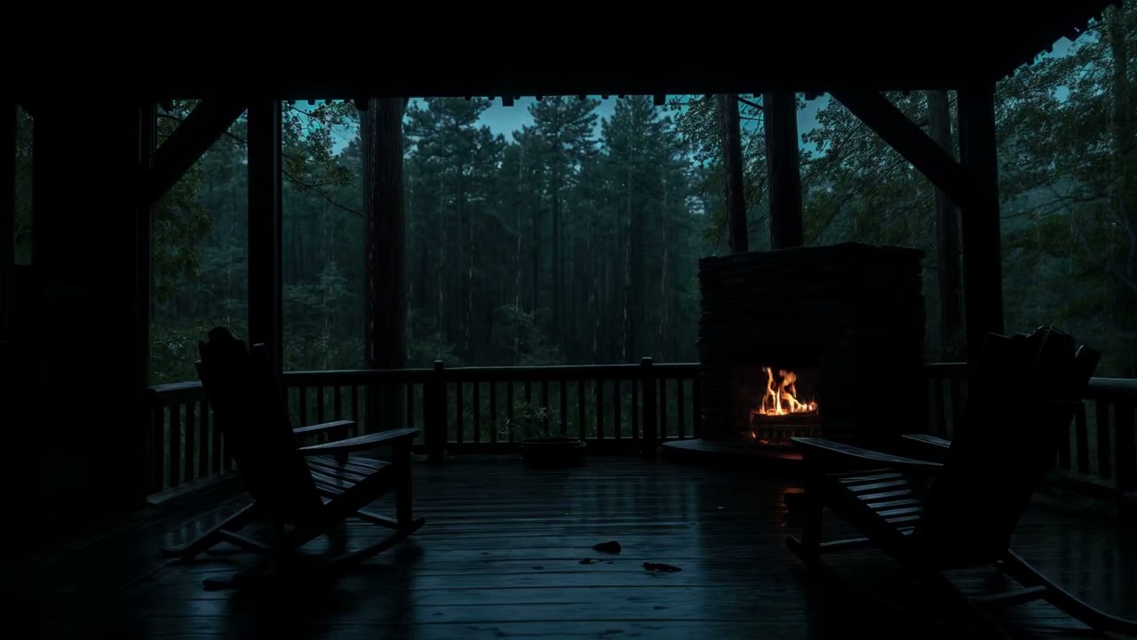 Forest Rainfall Around a Glass Room 🌲🌧️🔥 Warm Fireplace Sounds for Deep Night Sleep