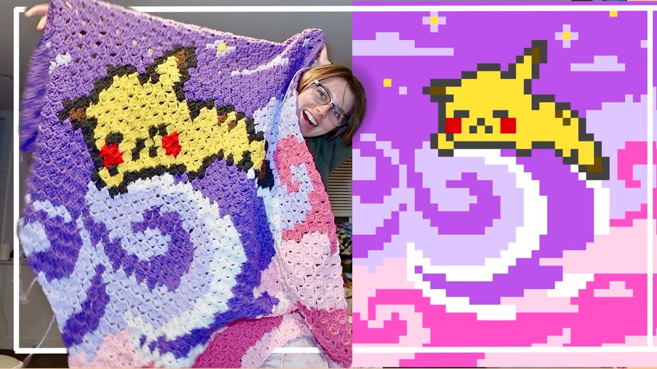 Crocheting a C2C Pikachu blanket ✨ swirly clouds, moon, stars, night sky