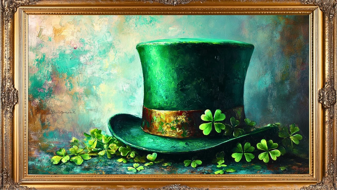 Vintage St. Patrick’s Day | Festive Green Hat & Shamrocks Frame TV Art Screensavers with Gold Frame