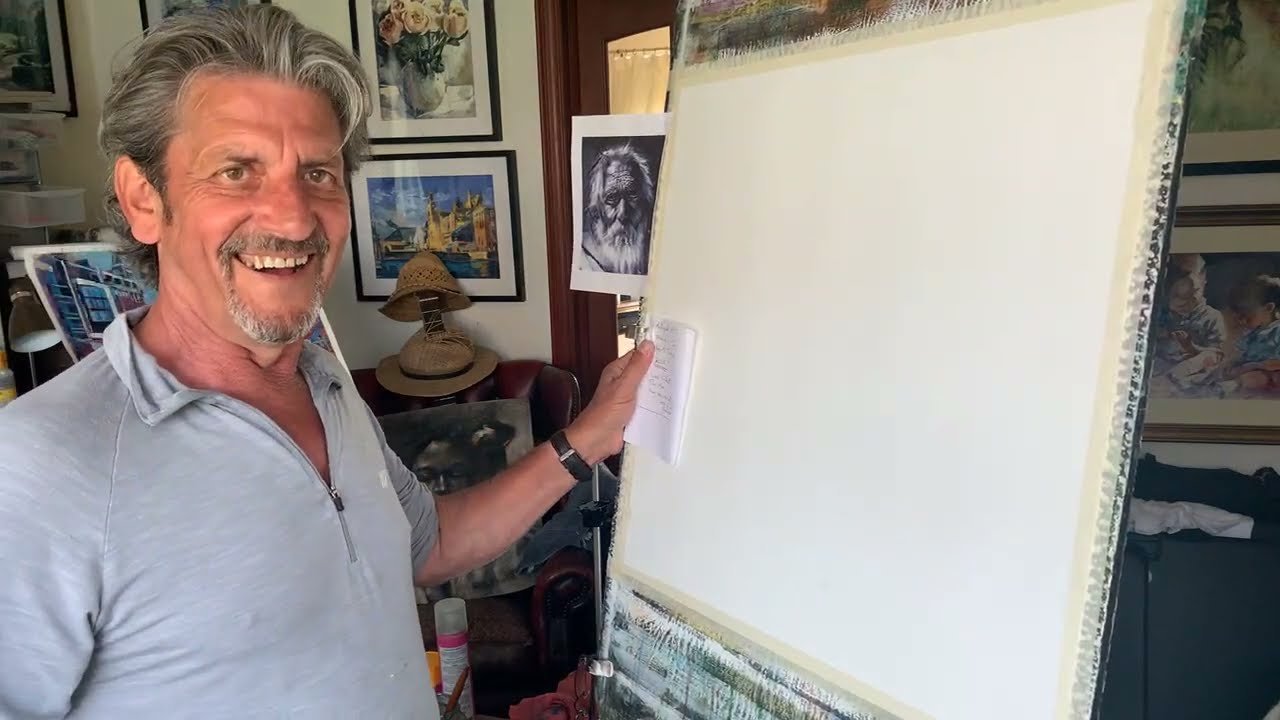 Painting the portrait in charcoal and acrylic Bearded Man.
