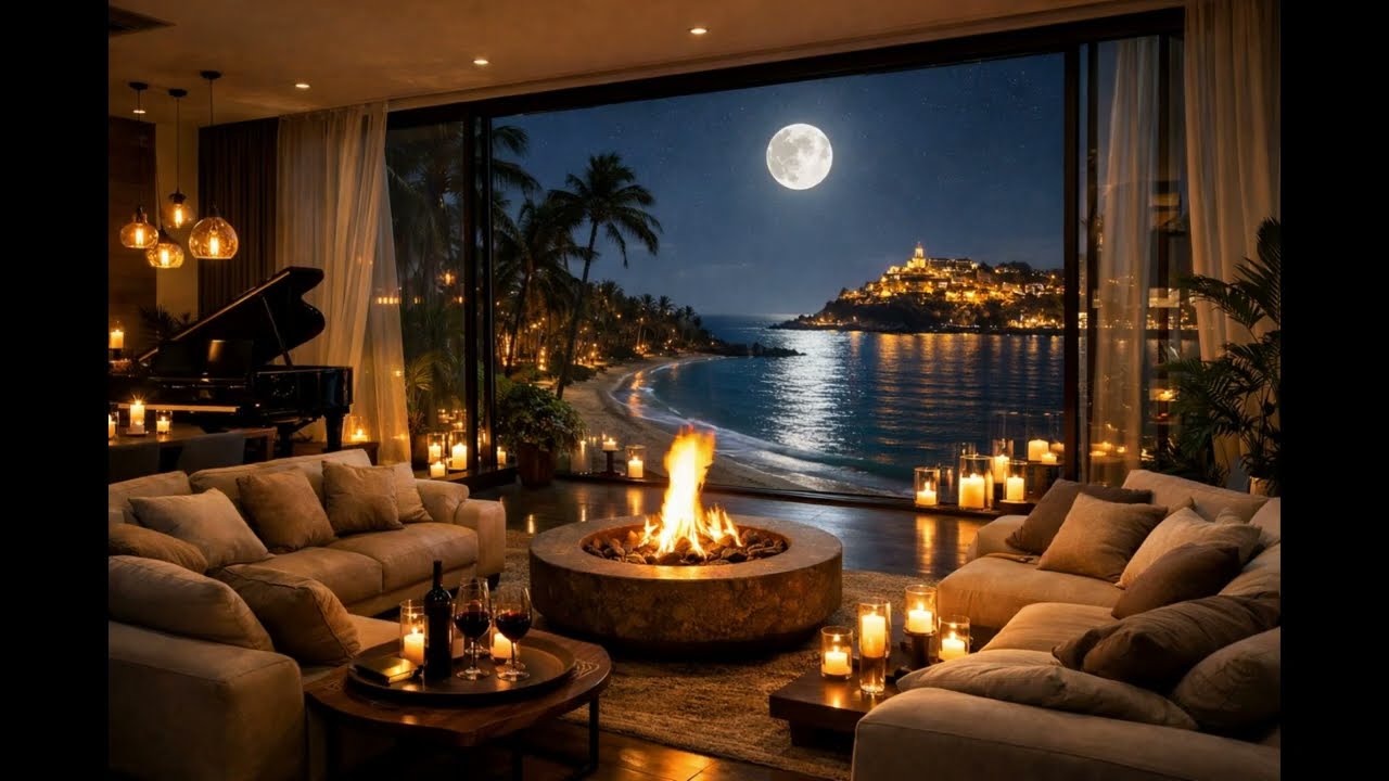 Elegant & Sensual Smooth Jazz 40 BPM 🎷 | Cozy Fireplace 🔥 & Ocean Waves 🌊 Ambience for Relaxation