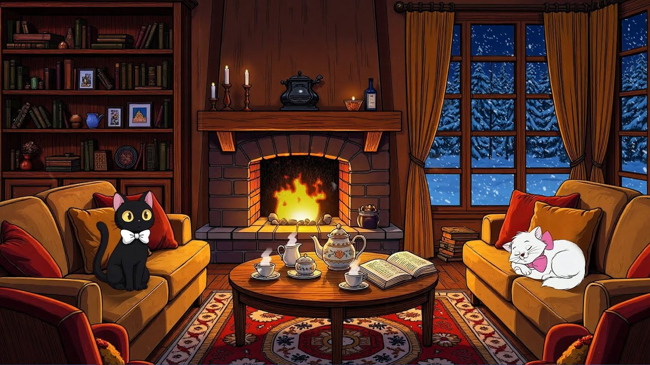Cozy Winter Night beside the Fireplace listening to Vintage Oldies Playing in Another Room