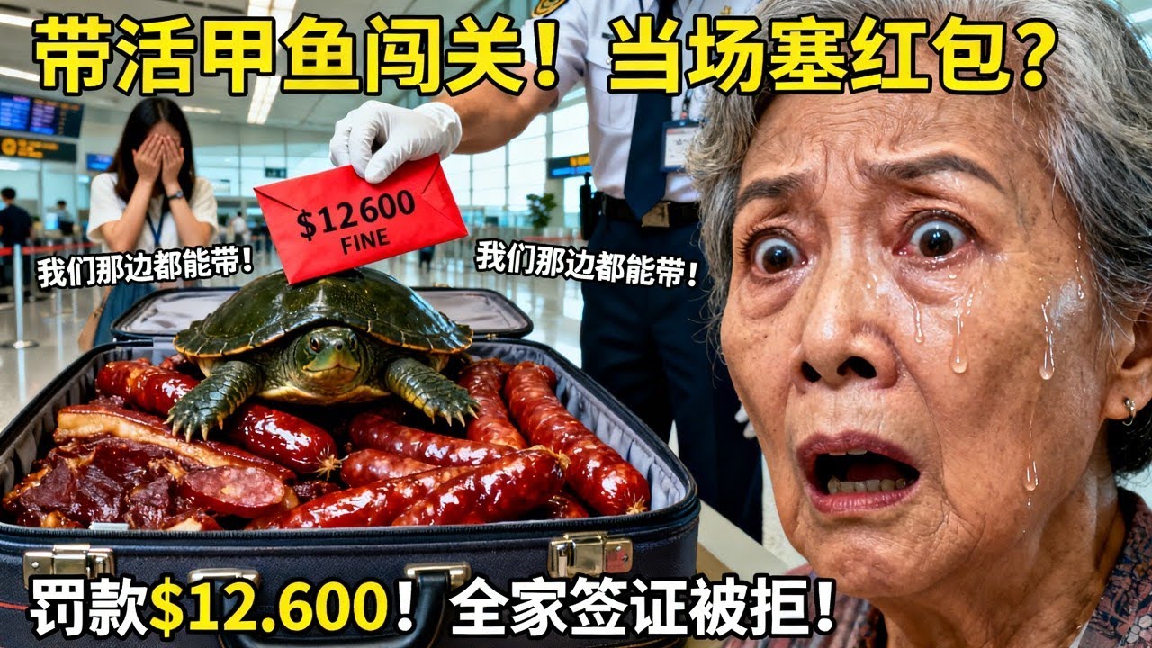 中国大妈悉尼机场行李塞满腊肉香肠还带活甲鱼，入境卡勾“否”被抓现行，还当场塞红包：“我们那边都这么带！”生物安全官员亮出法律：罚款$12,600+5年禁入澳洲+女儿PR被卡，她回国后连去别国签