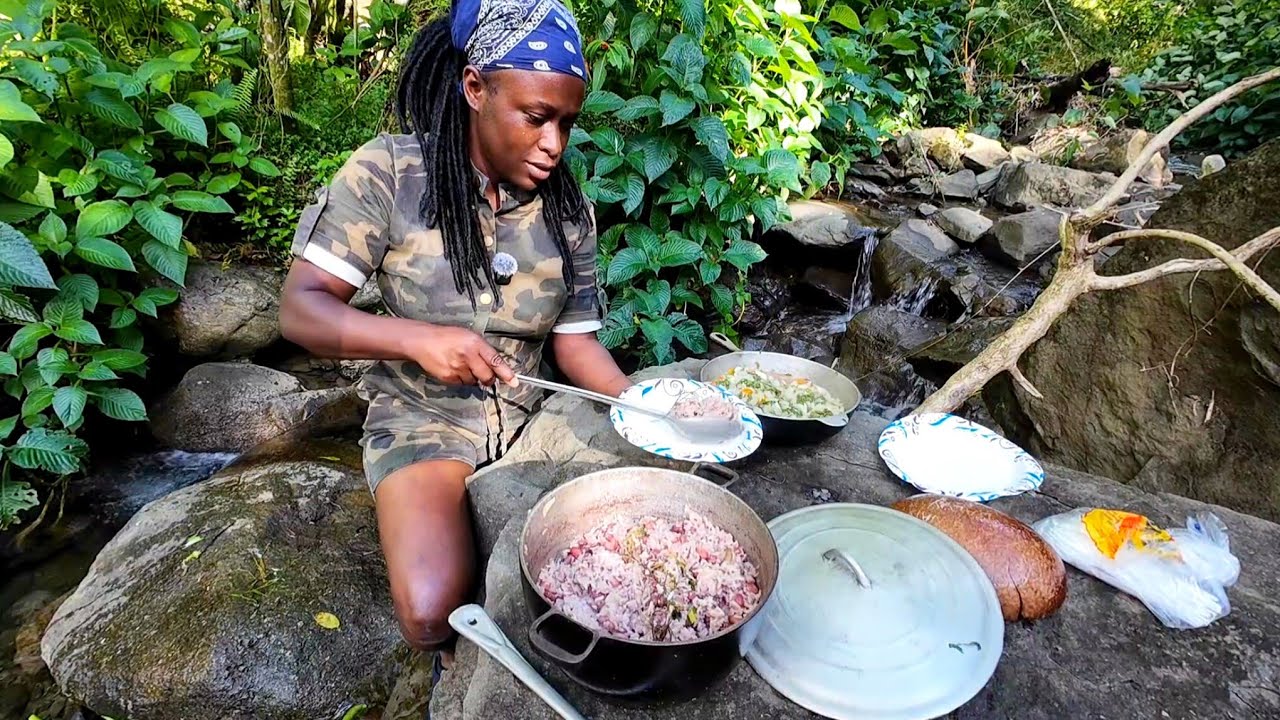Outdoor Cooking: Rice & Peas with Pak Choi  by the River|Bush Cooking Portland Jamaica 