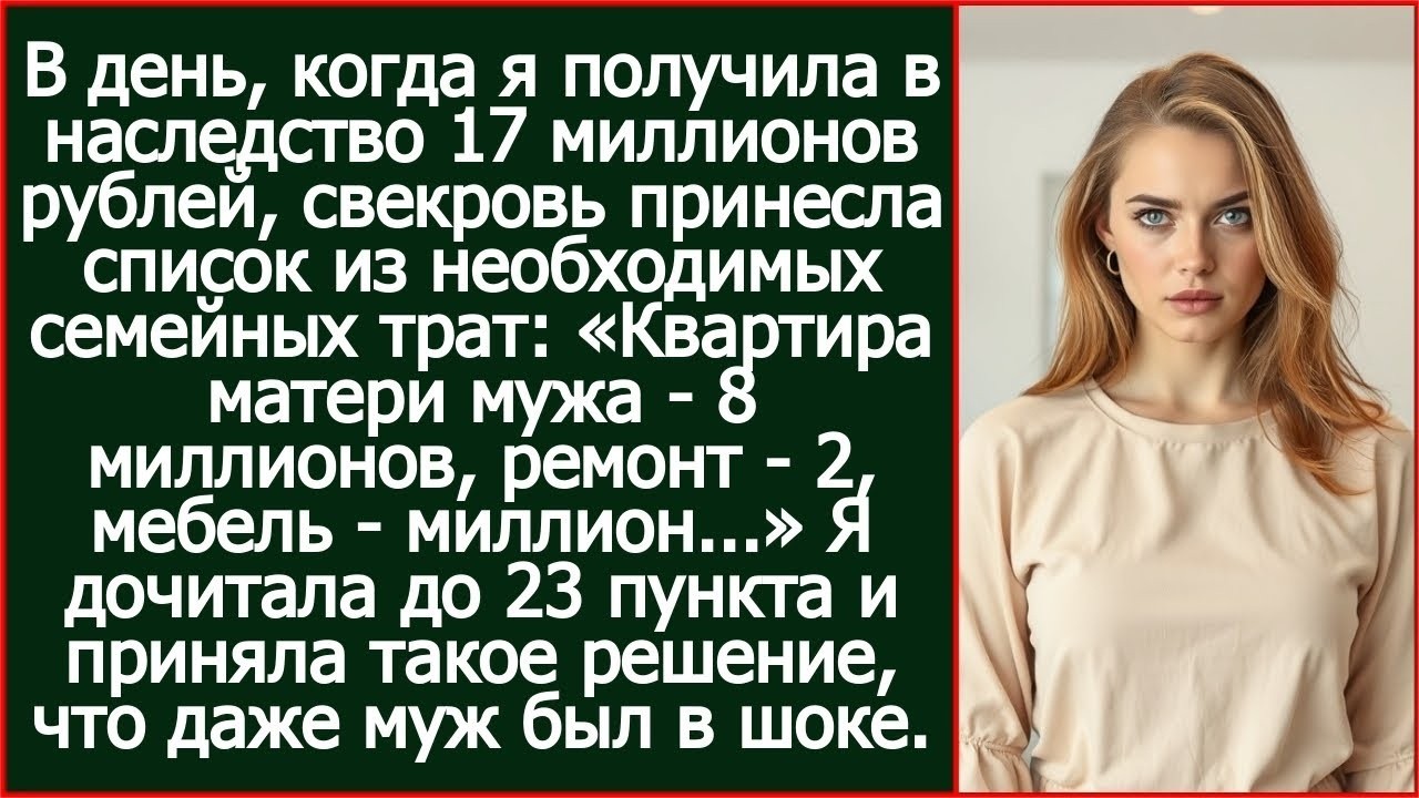 В день, когда я получила в наследство 17 миллионов рублей, свекровь принесла список из семейных