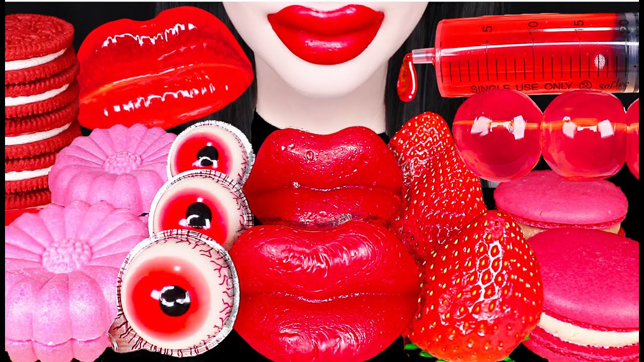 ASMR Red Lips Jelly, Strawberry Dessert, Jello Shooter 입술 젤리, 딸기, 젤로 슈터 먹방 Mukbang, Eating