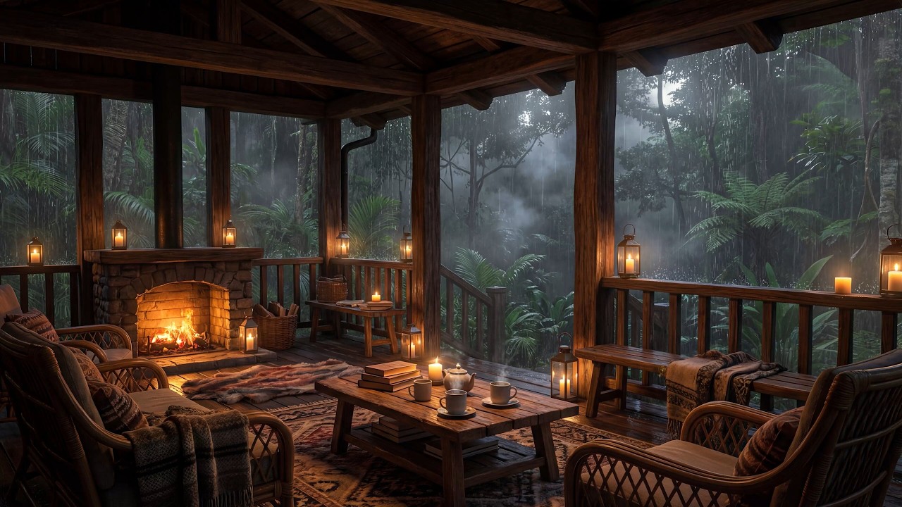 Smooth Jazz at Rainy Forest Porch Ambience 🌧️Soft Jazz with Warm Fireplace Sounds for Study, Work 🔥