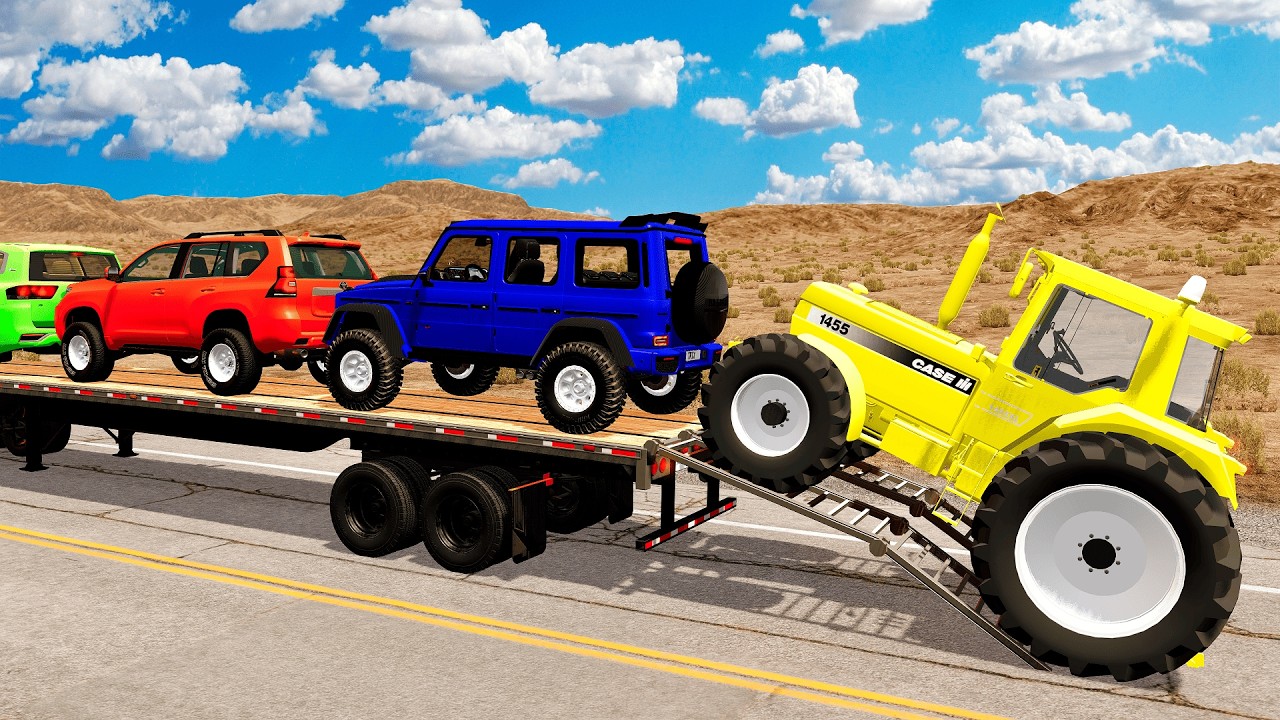 TRANSPORTING PIXAR CARS & FRUITS WITH COLORED & JOHN DEERE vs CLAAS vs TRACTORS - BeamNG.drive #983