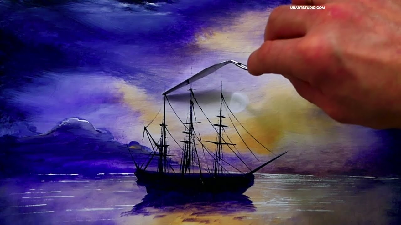 Sailing Ship in Moonlight | Oval Brush Painting Technique | Acrylics
