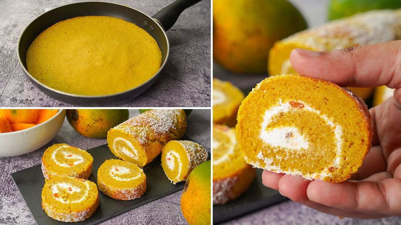 15 Min. Mango Swiss Roll Recipe In Fry Pan | Super Spongy Mango Roll Cake Recipe | Yummy