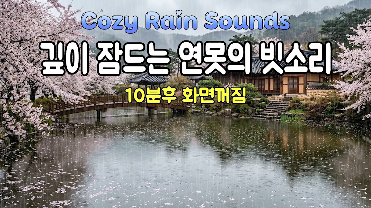 깊이 잠들게 하는 연못의 빗소리/ 불면증 치유를 위한 빗소리/ 마음이 고요해지는 부드러운 빗소리/ 깊은 숙면 유도 백색소음 ASMR/ 중간광고없음/ 10분후 화면꺼짐