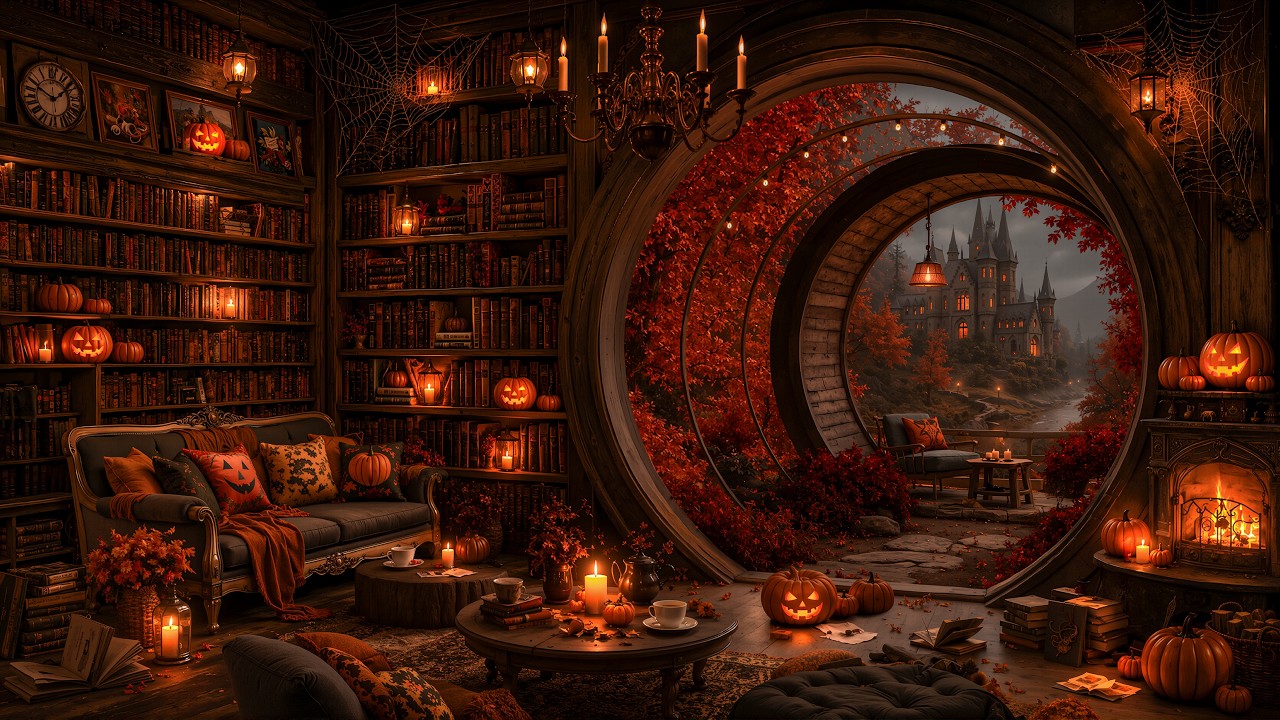 Pumpkin Library on a Rainy Autumn Night | Cozy Halloween Ambience | Dark Academia Music for Reading