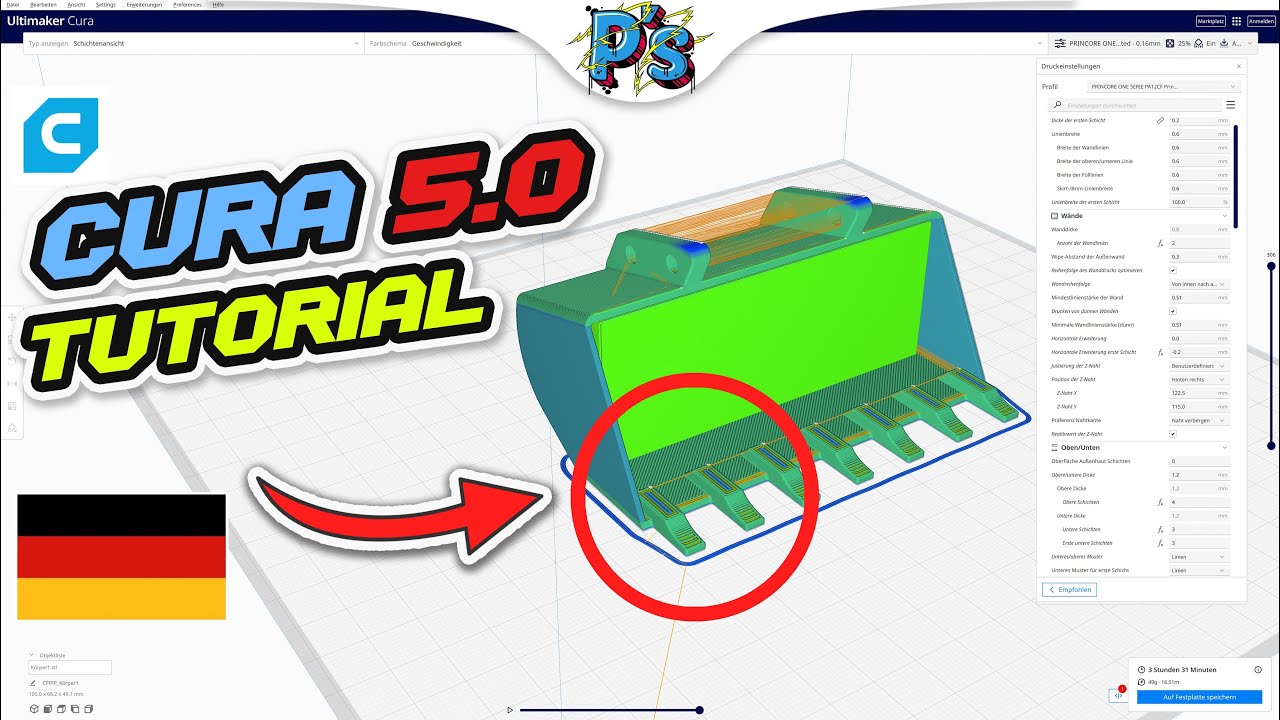 CURA 5.0 TUTORIAL DEUTSCH PA12-CF [ANFÄNGER - Baggerschaufel]