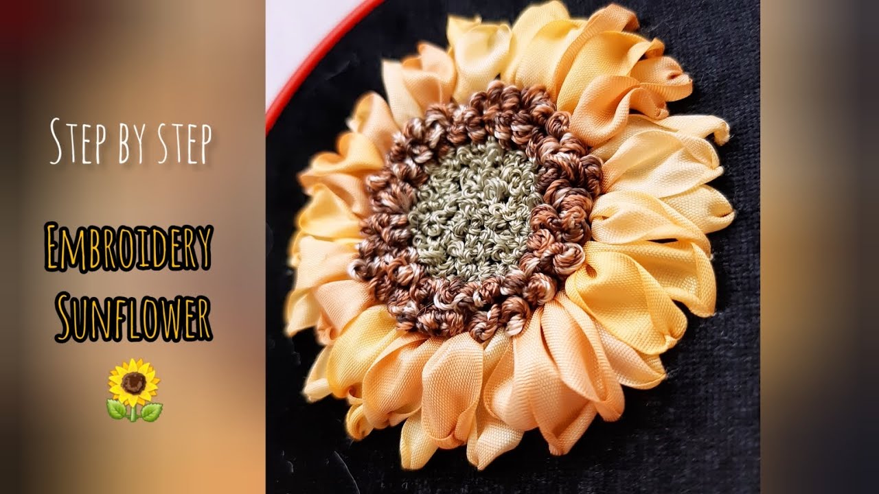 Silk embroidery ribbon sunflower step by step tutorial آموزش جامع روباندوزی گل آفتابگردون