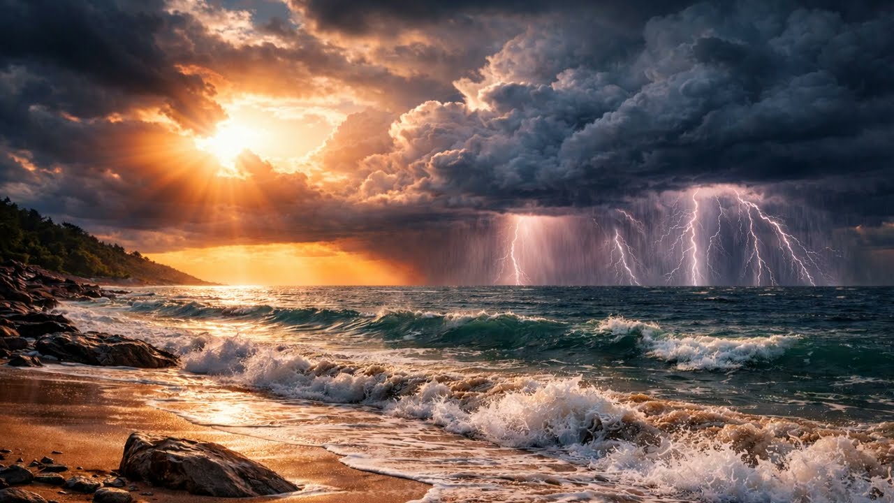 10 Hours Ocean Waves, Rain & Thunderstorm | Relaxing Sounds for Sleep, Study & Focus