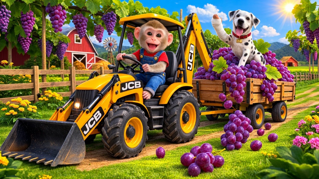 Monkey Farmer Drives a JCB Tractor Excavator Through the Grapes to Help a Dog! | Monkey farm Work
