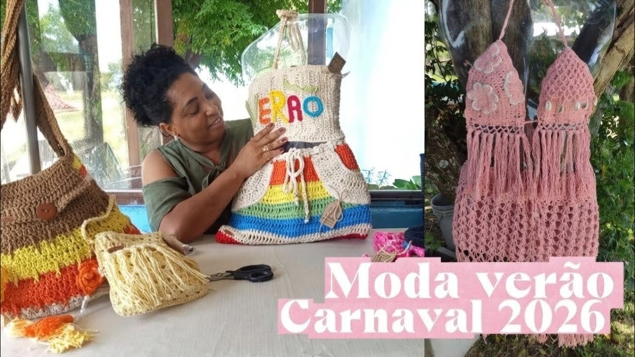 Moda verão fevereiro carnaval crochê 2026: Headpiece, Biquíni, Saída de praia, bolsa em Crochê...