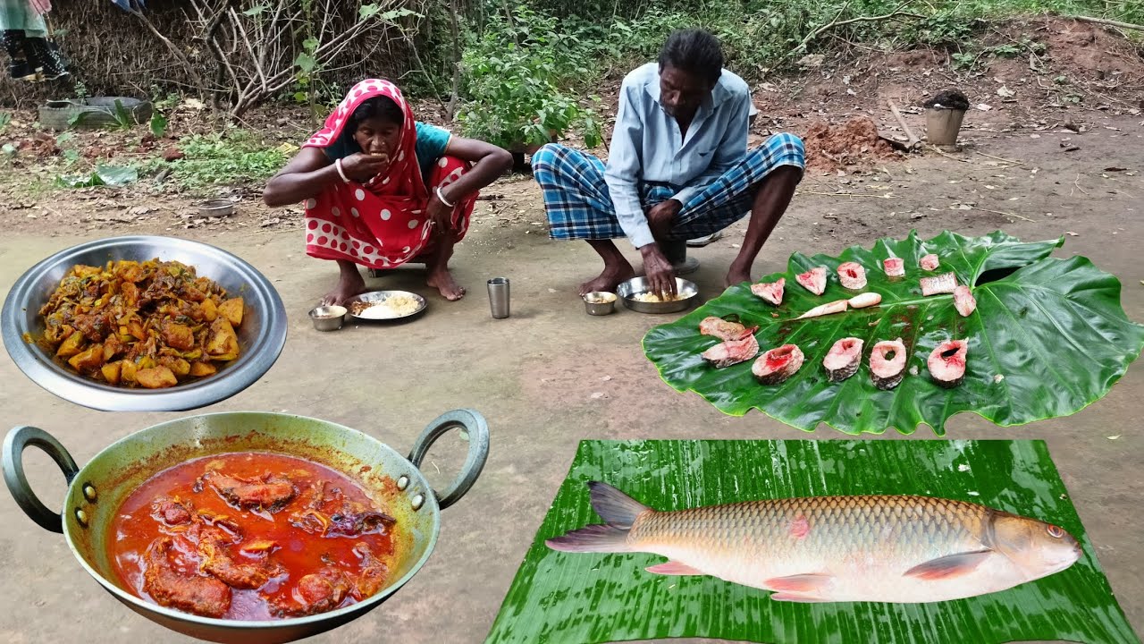 big size MRIGAL FISH curry delicious recipe & FISH OIL CABBAGE recipe cooking and eating in village