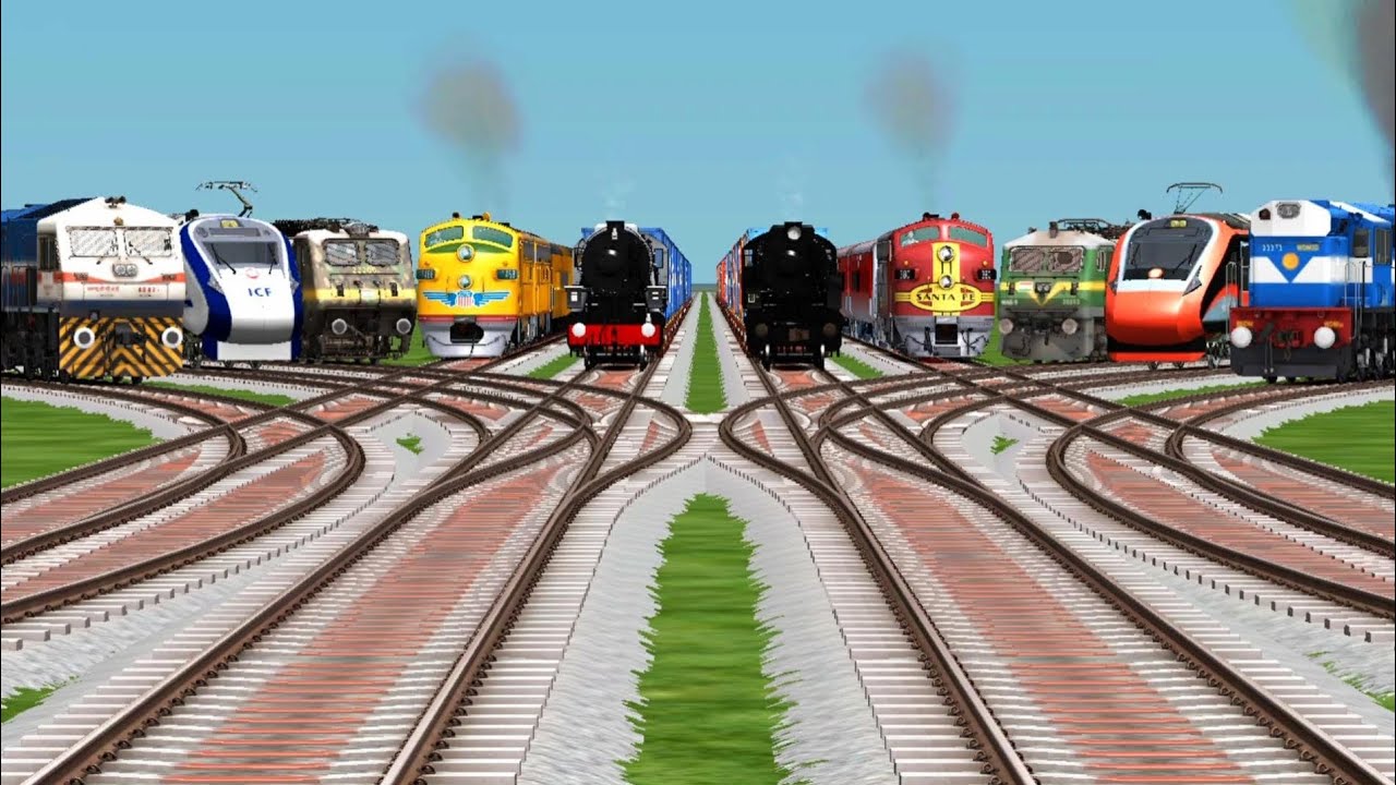 👹 Ten Fast Trains Crossing By Bumpy Branched Railroad Tracks || Train Journey || Train Simulator 