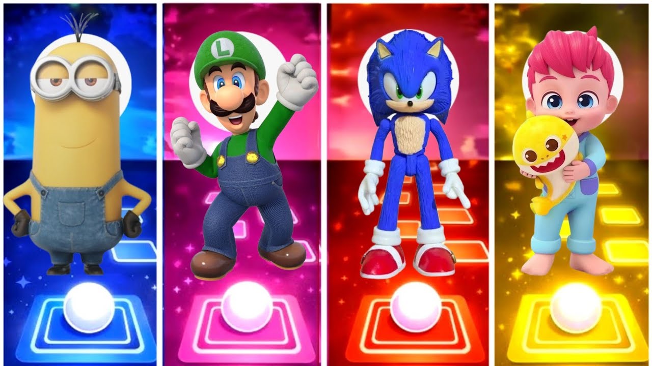 Minions vs Super Mario vs Sonic Hedgehog vs Bebefinn.Tiles hope edm rush game. 