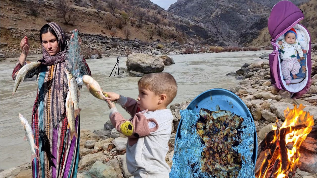 Nomadic Woman Fishing and Cooking by a Zagros Mountain River | Life in Nature