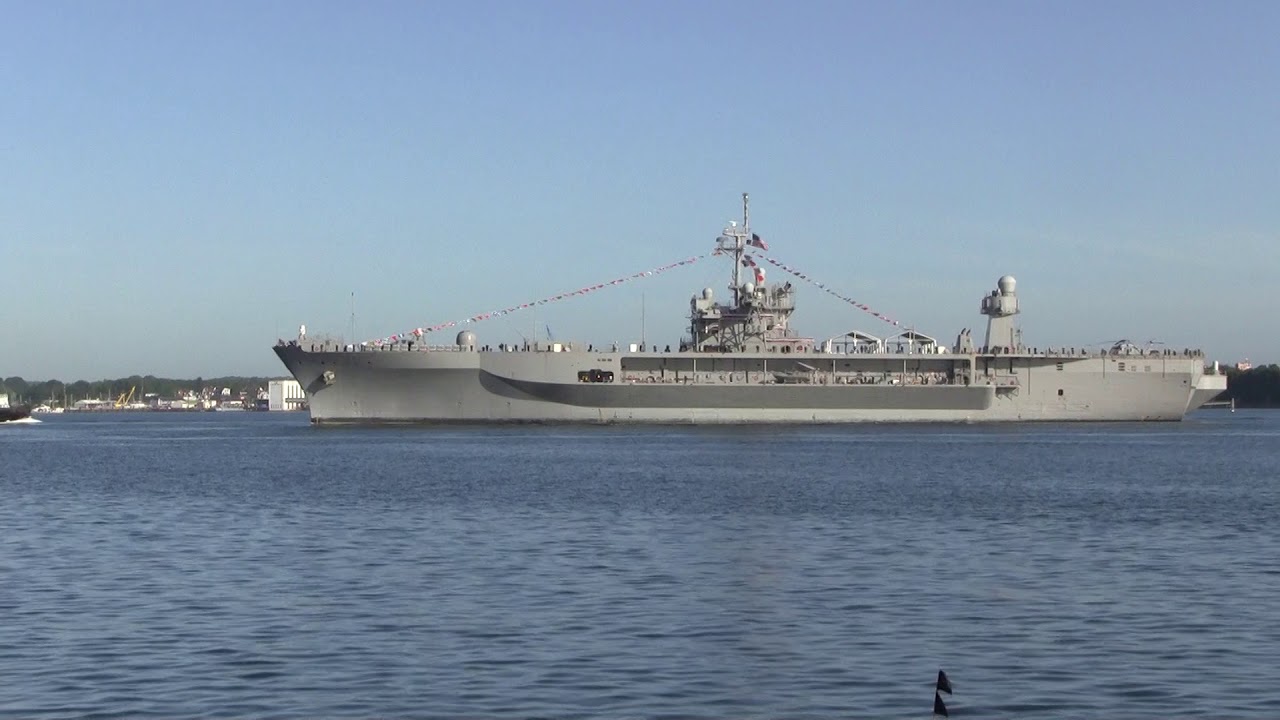 USS MOUNT WHITNEY (LCC 20) arriving at Kiel, Germany, on June 15, 2018.