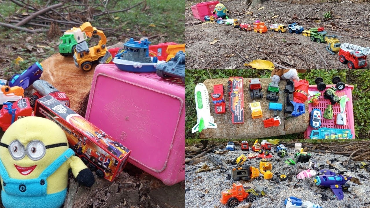 kompilasi mencari mainan anak bersama minion, truk damkar robocar poli truk kontruksi bus tayo