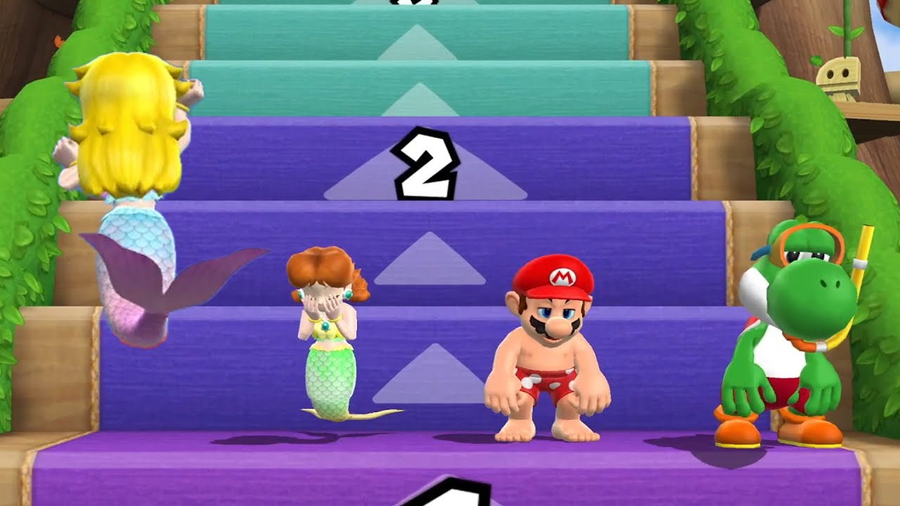 Mermaid Peach vs Mermaid Daisy vs Mario vs Yoshi in Hardest Step It Up Battle | Mario Party 9