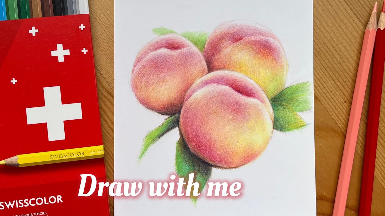 Colour Pencil Drawing Peaches with 18 Caran D' Ache Swisscolor Pencils