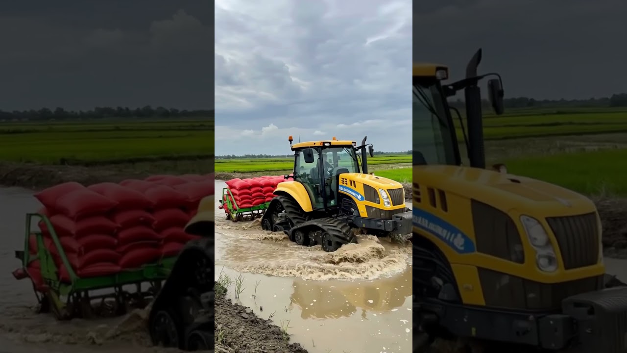 🚜 New Holland Tractor Fights Through Deep Water Canal with Heavy Load! 🌾#tractor #newholland #shorts