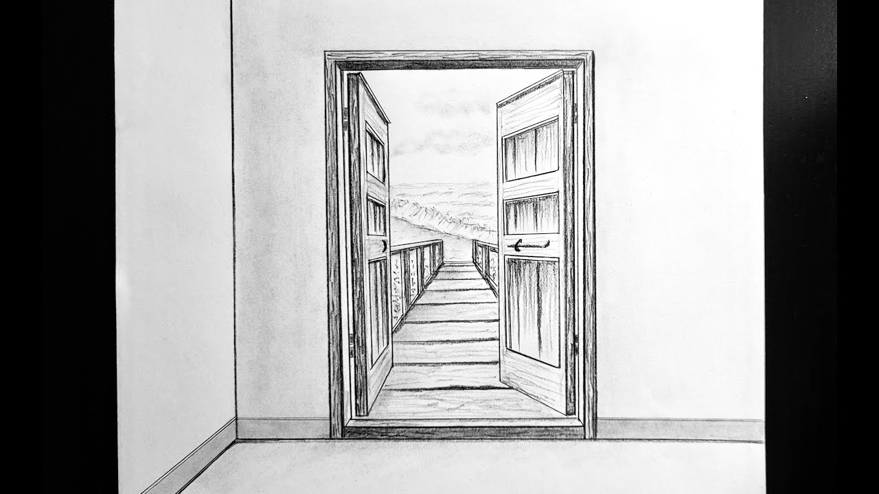 How to draw in one point perspective, opening doors with scenery