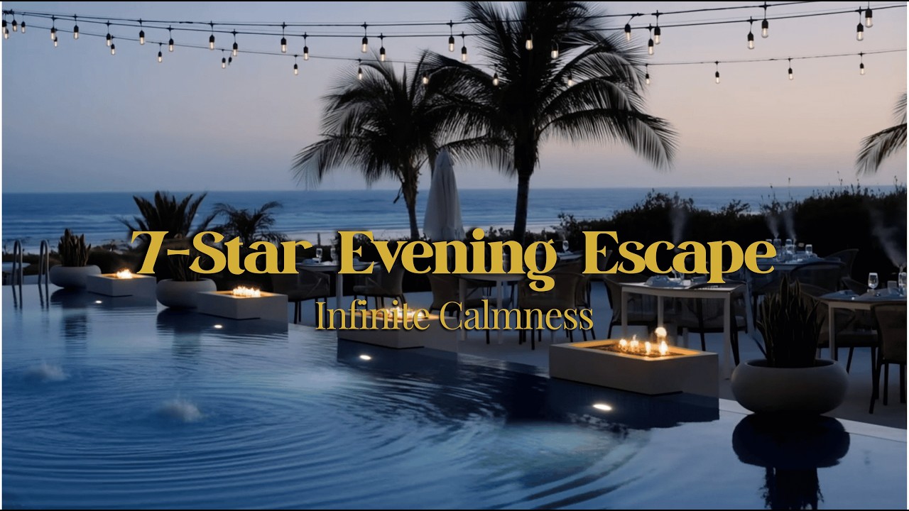 7-Star Luxury Poolside Café 🌊 Warm Evening Infinity Pool Ambience (4K Ocean View)