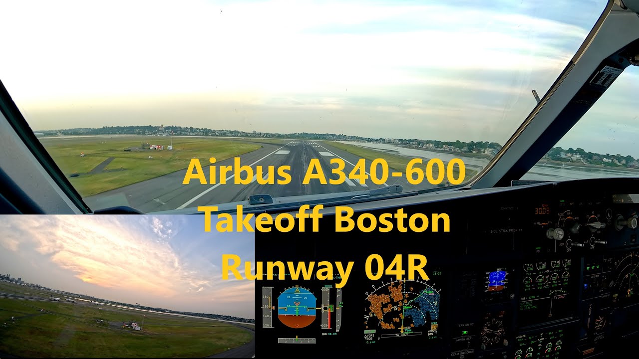 Airbus A340-600 Takeoff Boston KBOS runway 04R - pilot's view 4K