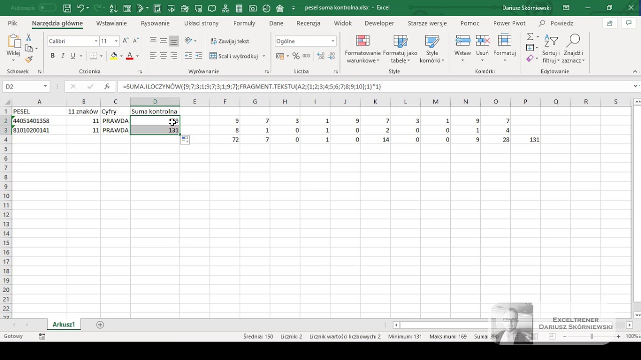 EXCEL - Suma kontrolna numeru PESEL