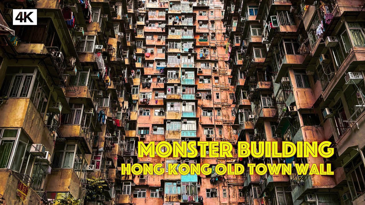 Walk old town road, Monster Building tour (Yik Cheong Building) and Tramways in Hong Kong【4K】