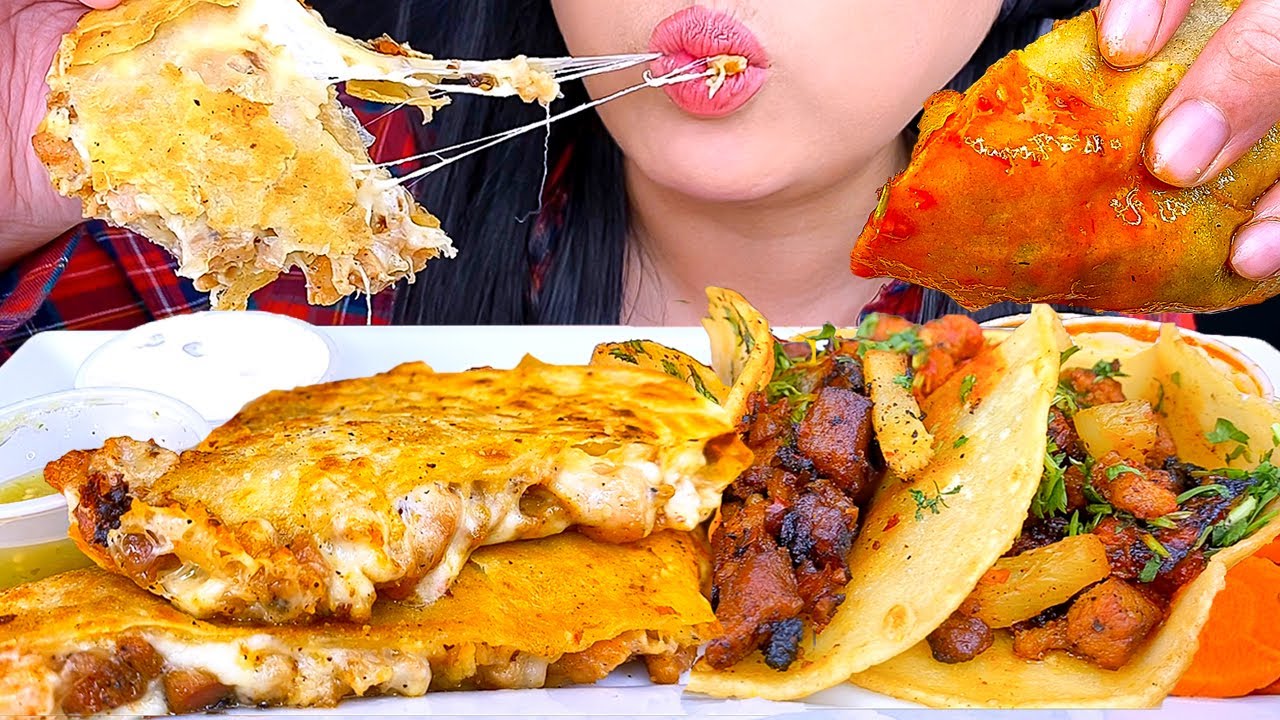 ASMR WHAT I EAT IN A DAY (DAY 3) | AL PASTOR TACOS & CHEESY QUESADILLA MUKBANG | EATING SHOW