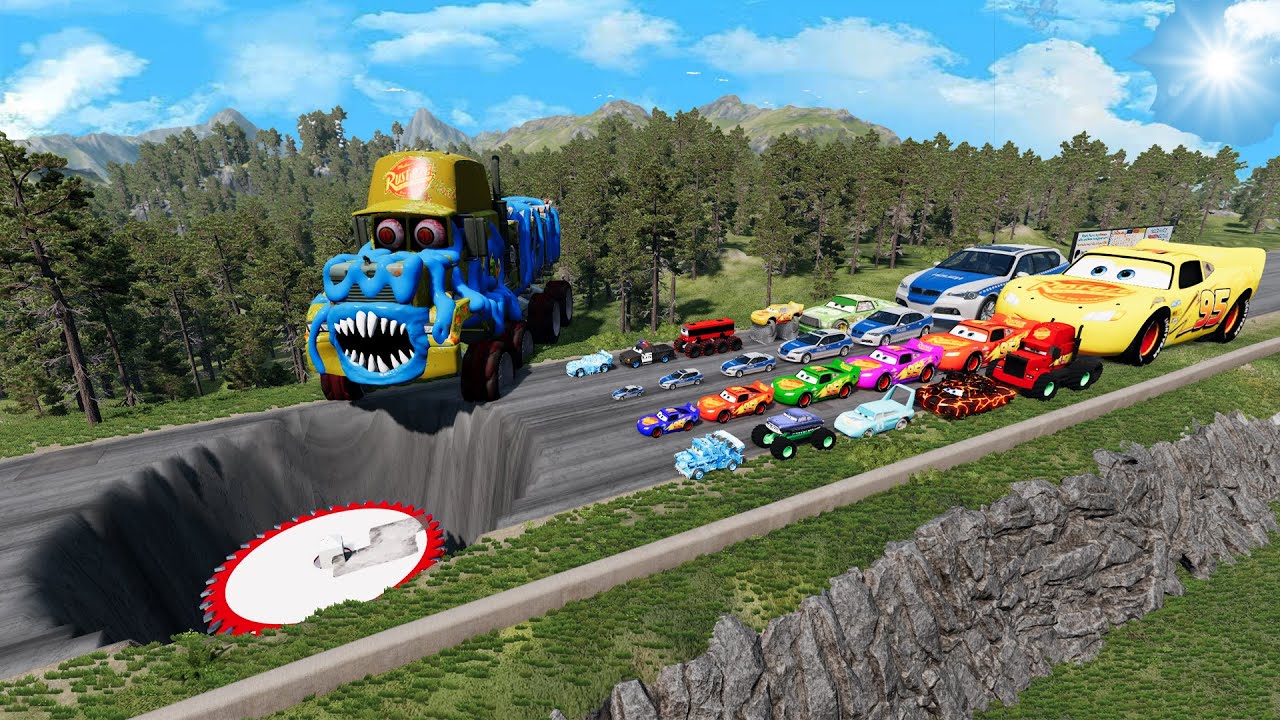 Big & Small McQueen & Police Car vs Zombie Mack, Giant Pit & Spinner Downhill Race – BeamNG.Drive