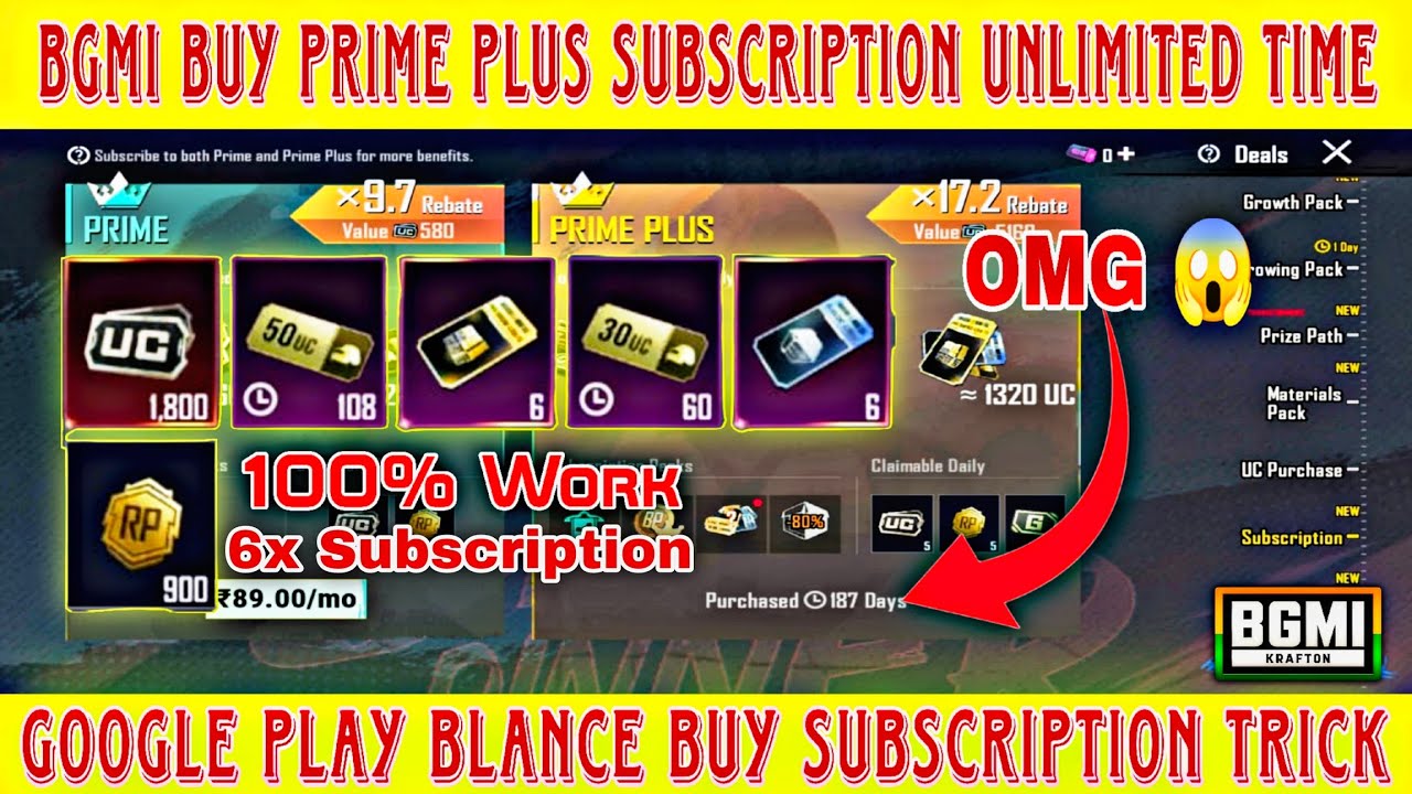 BGMI Buy Prime & Prime Plus Subscription Unlimited Time Trick |Google Play Blance Prime PlusTrick