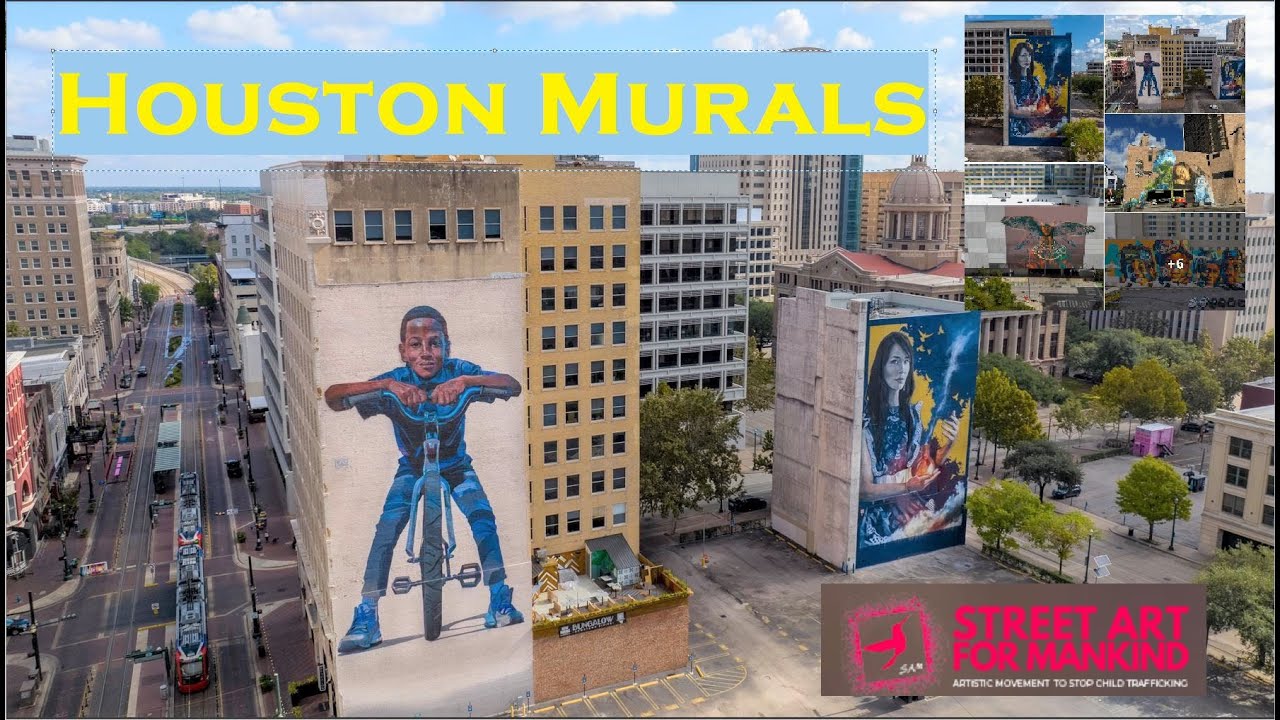Downtown Houston Murals  Drone Tour STREET ART FOR MANKIND  following behindthewall app route