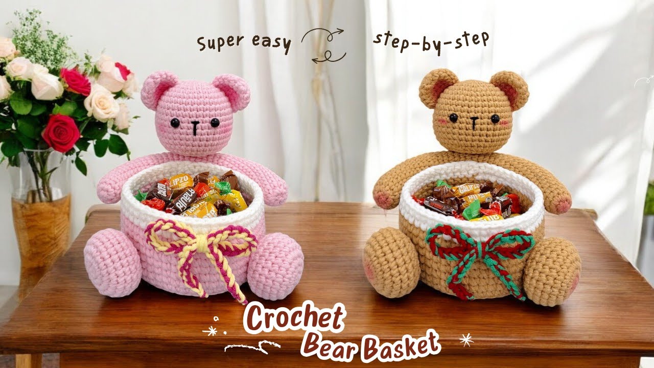 Cute Bear Basket Crochet Tutorial Step-by-Step (Subtitles)