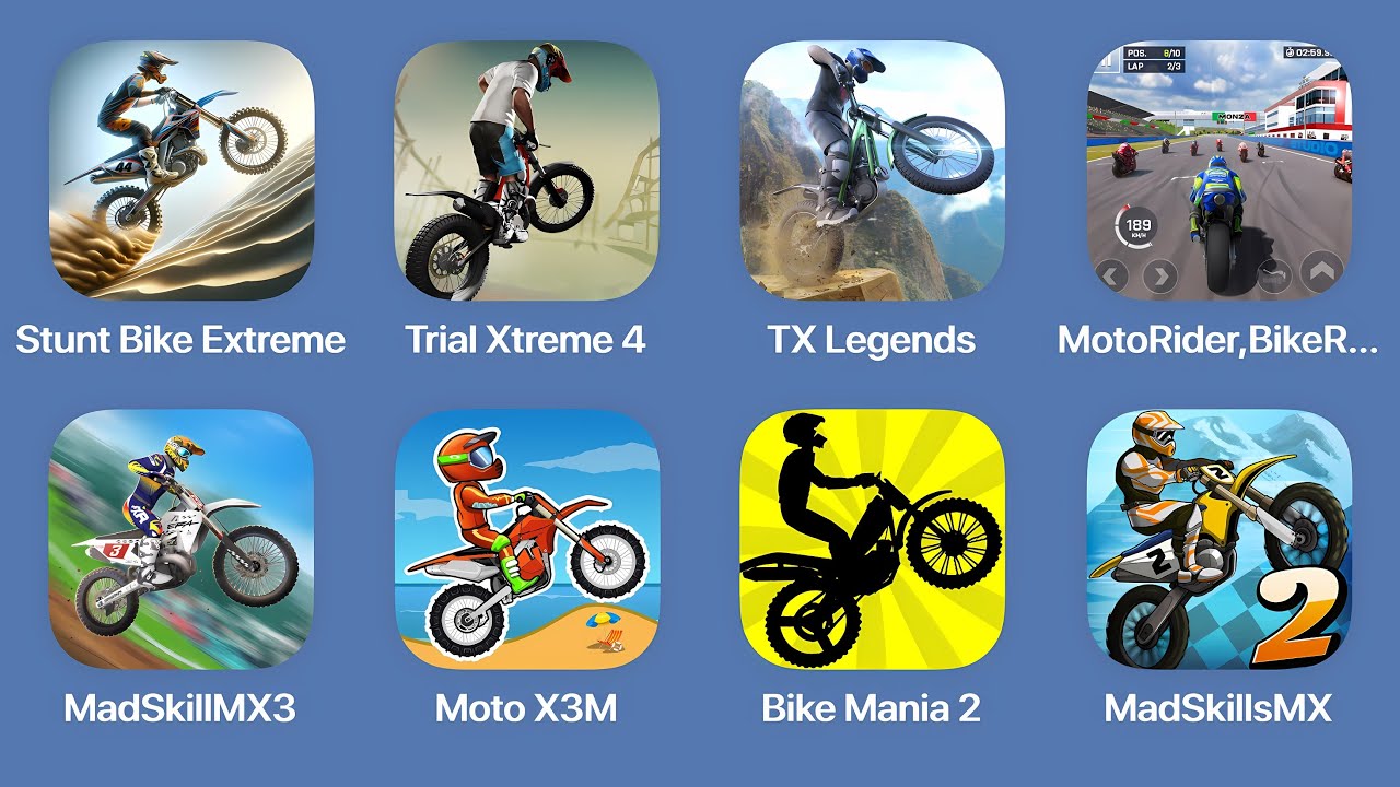 Stunt Bike Extreme,Trial Xtreme 4,TX Legends,MotoRider,Mad Skills MX3,Moto X3M,Bike Mania 2,Mad Skil