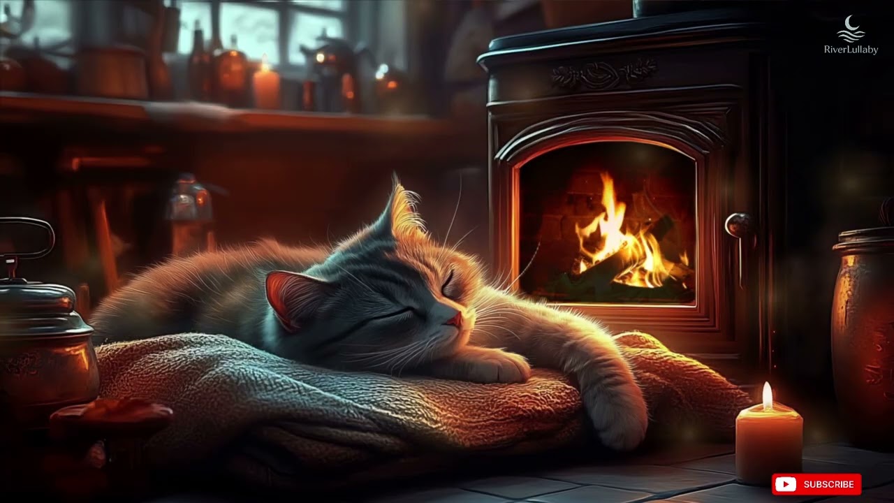 Warm Fire, Soft Piano, Dreaming Cat – Cozy Relaxation