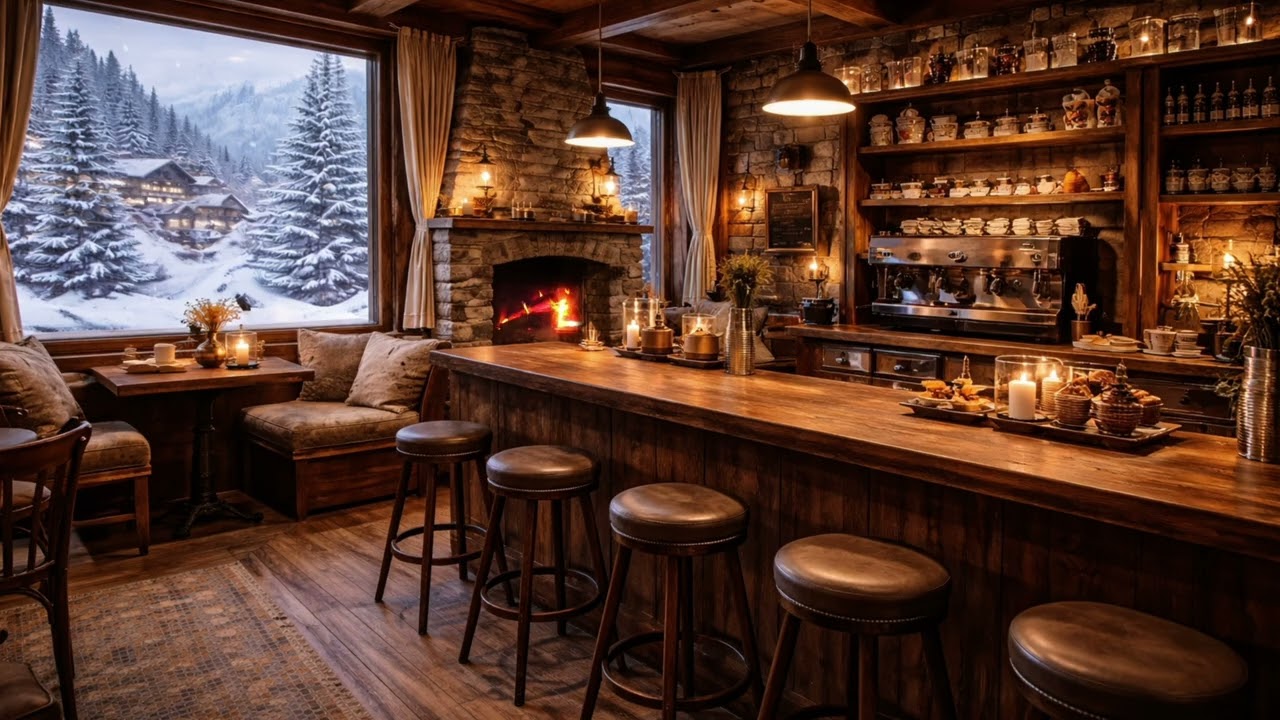 Winter Café Jazz & Fireplace Sounds ☕ Cozy Chalet Ambience