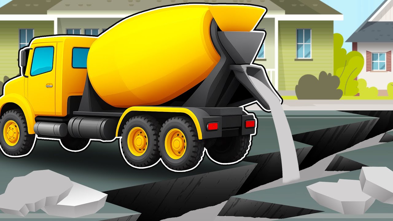 Cement Mixer Truck Concrete Road Repair - Incident at Work | Construction Vehicles
