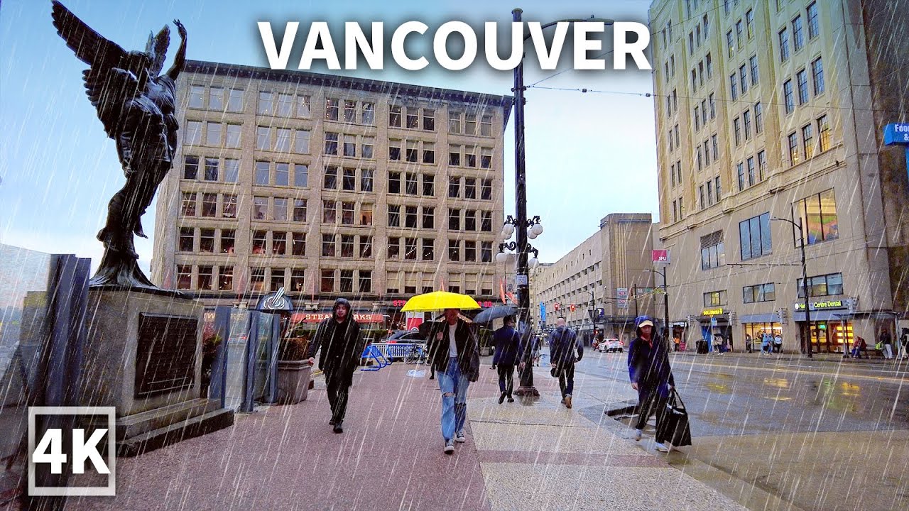 【4K】Downtown Vancouver Walk on A Cold Rainy Day, Travel Canada 2023, Binaural City Sounds
