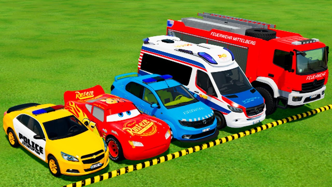 DACIA, MCQUEEN CAR, FORD POLICE CARS, AMBULANCE EMERGENCY TRANSPORTING WITH TRUCKS ! FS22 #12