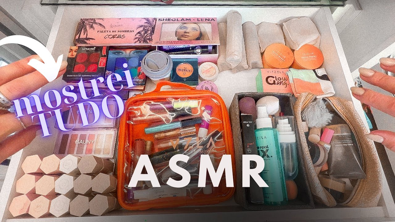 ASMR ORGANIZANDO GAVETA DE MAQUIAGENS, MOSTREI TUDO!