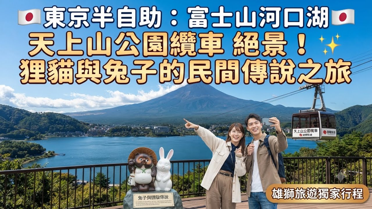 搭乘富士山河口湖天上山公園纜車 上山 狸貓與兔子的民間傳說故事 可以看到美麗的富士山河口湖 週邊開闊壯麗的景觀 雄獅旅遊 東京半自助自由行￼ep17